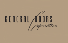 The logo of general doors in black with brown background.