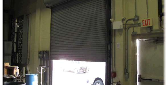 A roller door in a warehouse.