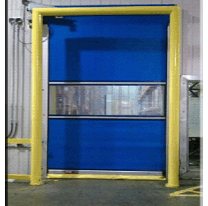 A blue roll up door in a warehouse.