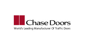 The logo of chase doors in black with white background